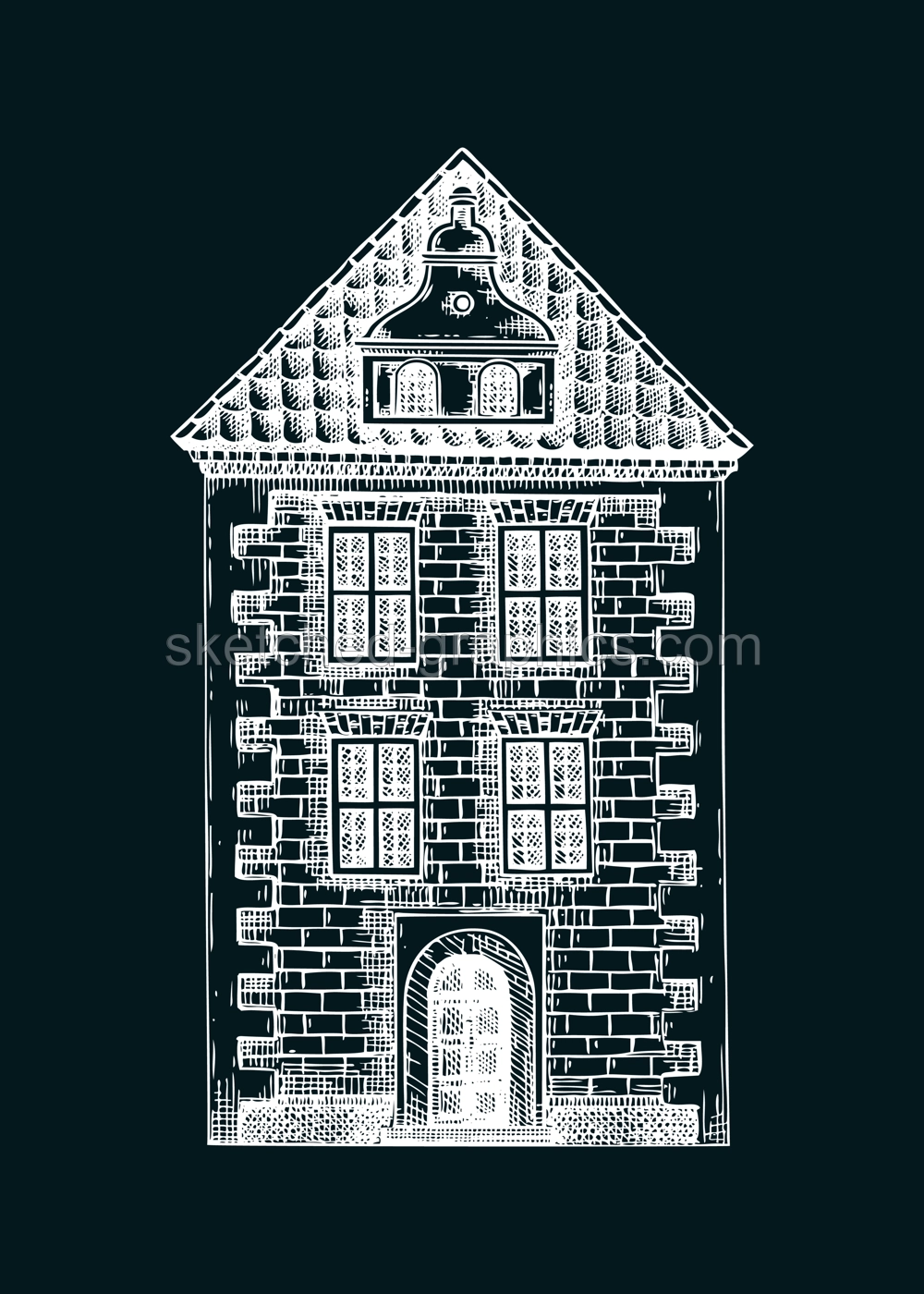European city attractions. Architecture sketch. Old building drawing on chalkboard. Vintage house hand-drawn vector illustration. Architectural design element.  NOT AI generated Illustration